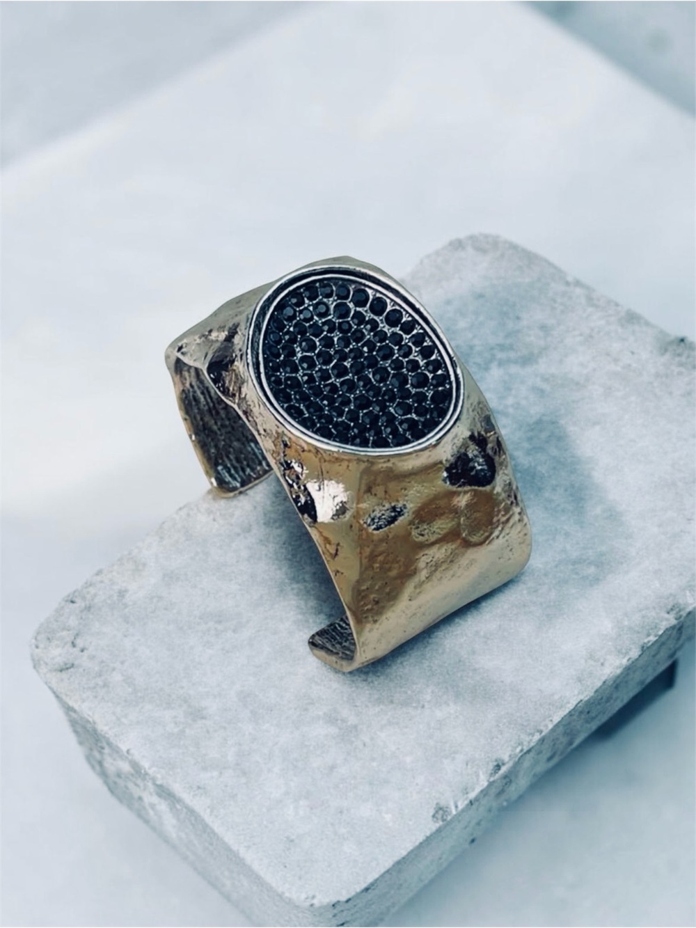 Textured Cuff Bangle Bracelet with Black Pavé Disc NWT